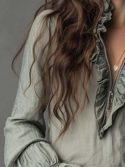 Vintage Ruffled Half-Zip Boho Blouse