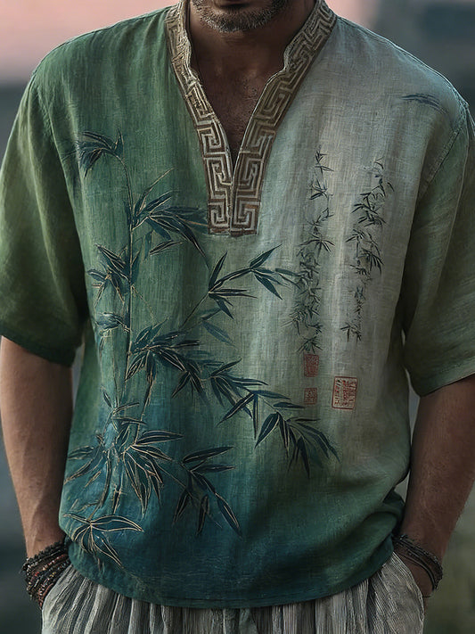 Japanese Bamboo Pattern Embroidered Color Blocked Linen Blend Shirt