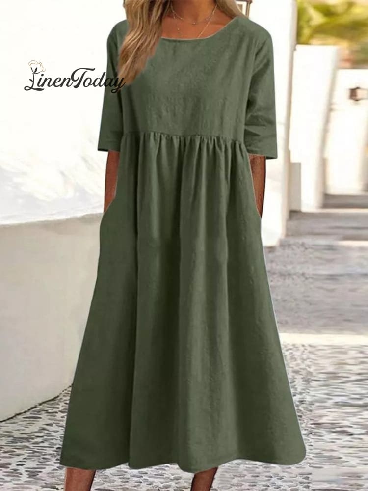 Cotton And Linen Casual Short Sleeve Pocket Pleated Loose Round Neck Dress