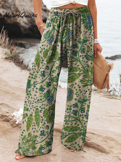 Women's  Floral  Art Printed Cotton And Linen Casual Pants