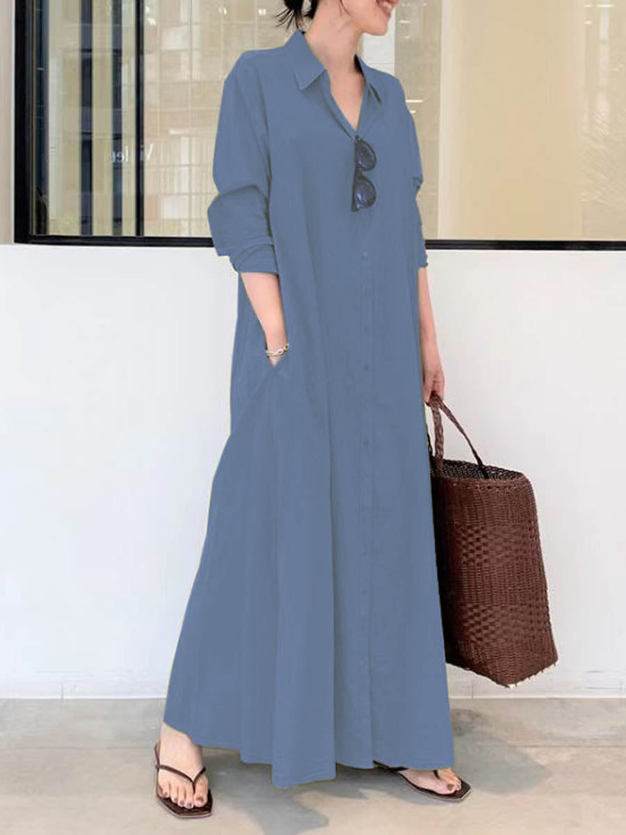 Women's Solid Color Casual Loose Elegant V-Neck Cotton And Linen Pocket Shirt Dress