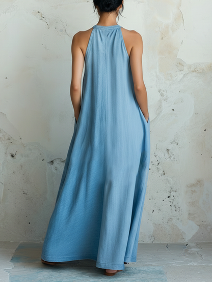 Light Blue & Pink Colorblock Tencel Denim Halter Maxi Dress
