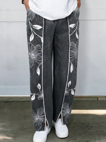 Cozy Artistic Floral Print Jeans
