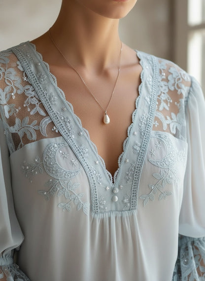 Elegant Powder Blue Lace & Chiffon Blouse with Bell Sleeves