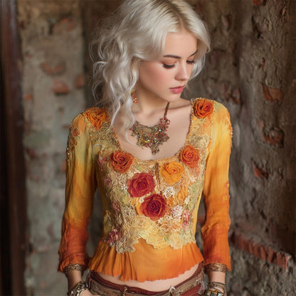 Autumn Floral Vintage Lace Patchwork Art Women's Long Sleeve Top