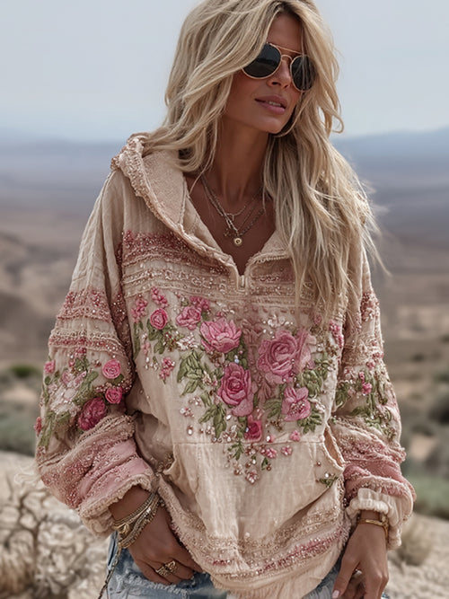 Women's Vintage Rose Floral Art Casual Half Zip Sweatshirt