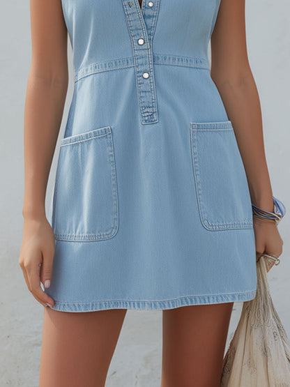 Casual Retro Light Blue Denim Sleeveless Mini Dress