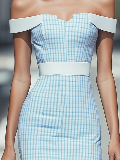 Chic Sky Blue Checkered Off-Shoulder Dress