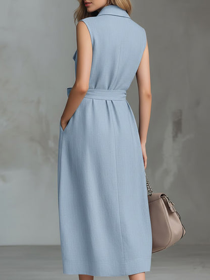 Women's Solid Color Lapel Sleeveless Casual Loose Cotton And Linen Dress
