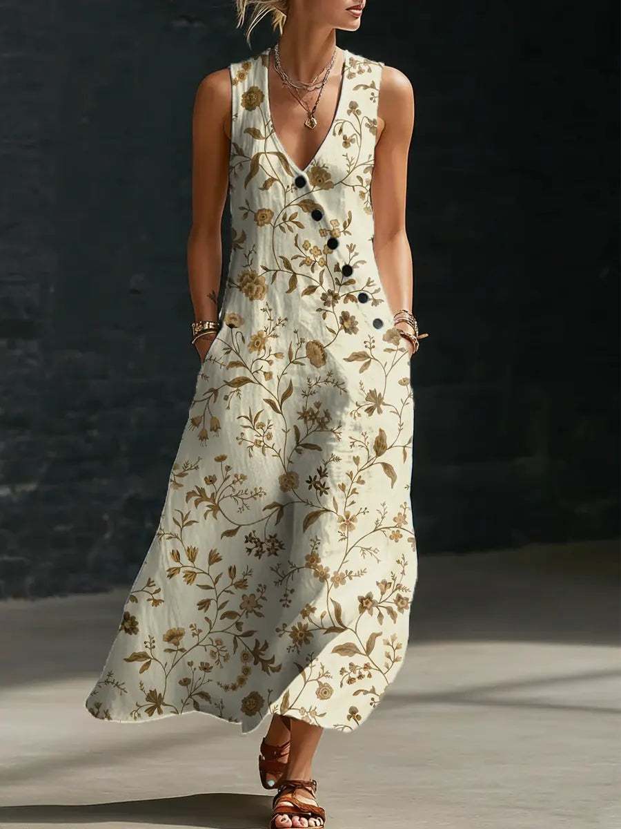 Women's Floral Pattern Art Print Casual Cotton Linen Dress