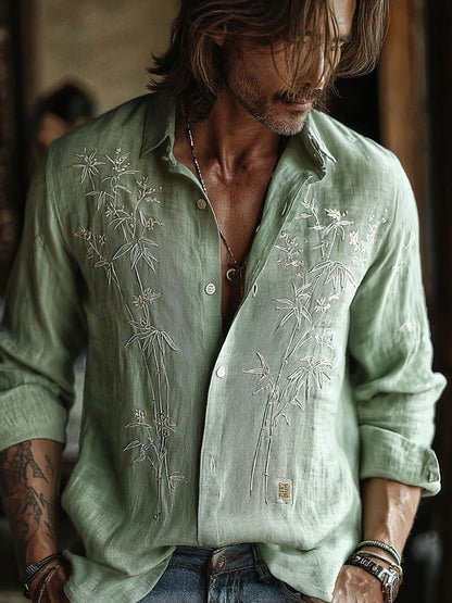 Men's Retro Bamboo Art Linen Long Sleeves Shirt