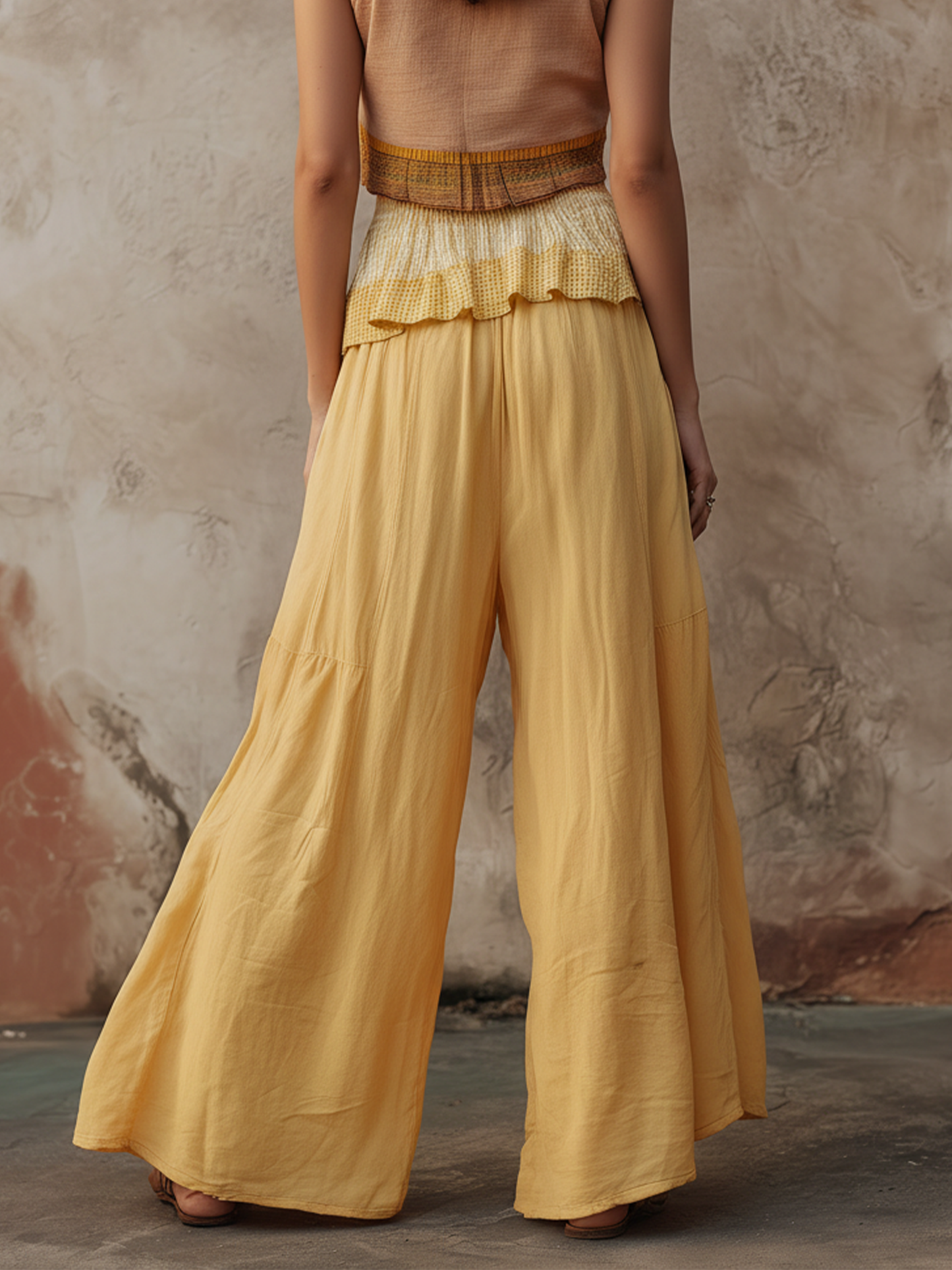 Yellow High Waist Ruffle Trim Wide Leg Pants