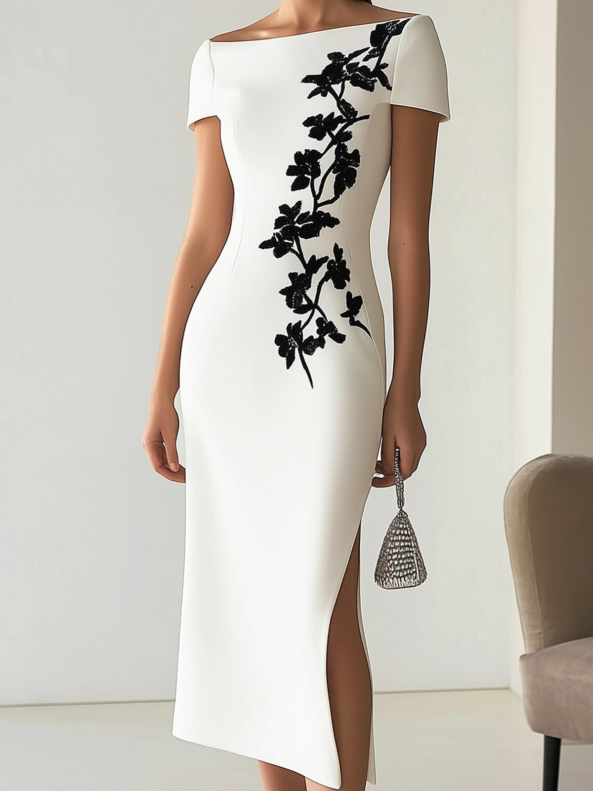 Chic Boatneck Dress with Asymmetrical Floral Print