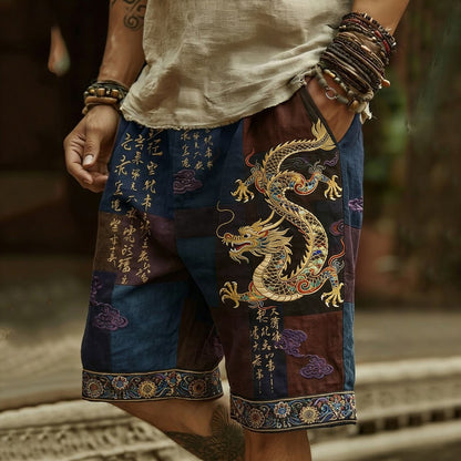 Men's Vintage Japanese Calligraphy Dragon Art Pattern Linen Blend Shorts