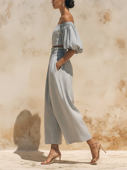 Off-the-Shoulder Puff Sleeve Linen Two-Piece Set