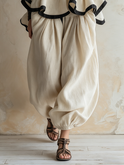 Strapless Ruffle Peplum Top & Harem Pants Set | Linen Boho Two-Piece Outfit