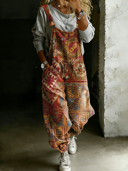 Women’s Vintage Abstract Ethnic Art Print Casual One Piece Denim Jumpsuit