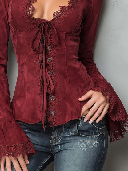 Vintage Lace Trim Polyester Suede Embroidered Blouse