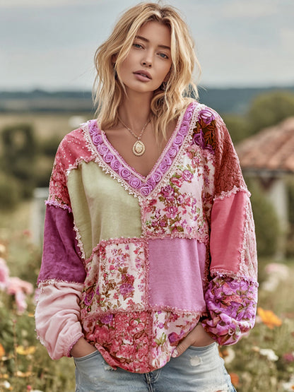 Women's Vintage Floral Patchwork Art Cozy Warm Sweatshirt