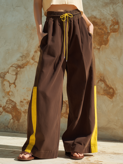 Color-Block Wide-Leg Pants Elastic Drawstring Waist
