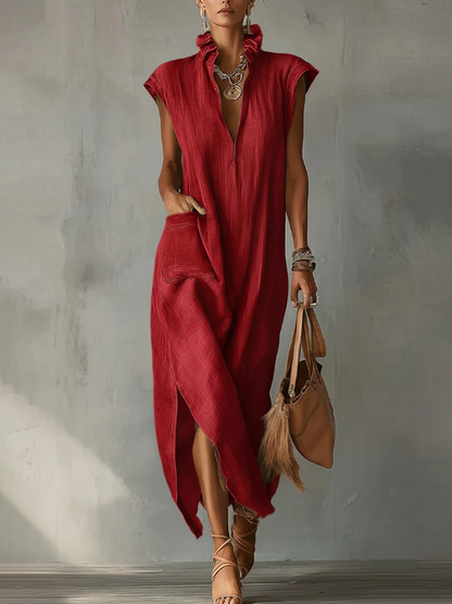 Women’s Ruffle Collar Cotton Linen Midi Dress – Elegant Summer Dress