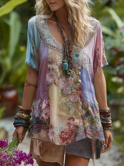 Classy Vintage Floral Splicing Cotton And Linen Short Sleeve T-shirt
