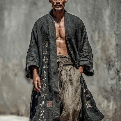 Men's Japanese Calligraphy Art Long Linen Kimono