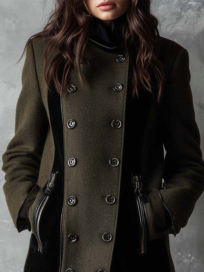 Military Green Wool-Blend Coat With Black Contrast Panels