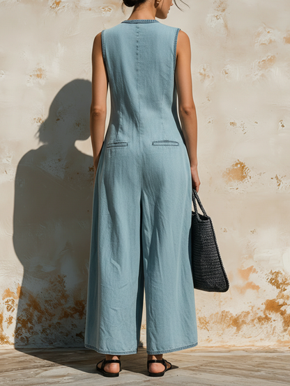 Light Wash Denim Sleeveless Wide-Leg Jumpsuit