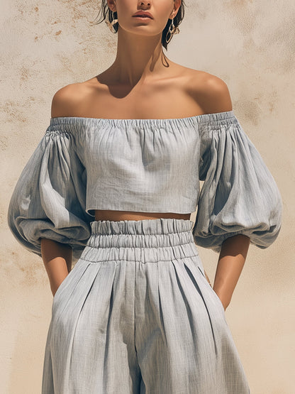 Off-the-Shoulder Puff Sleeve Linen Two-Piece Set