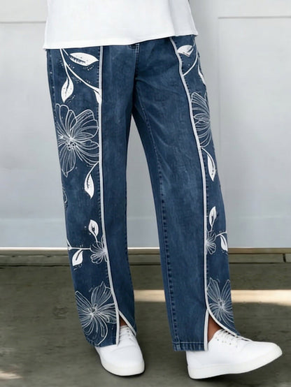 Cozy Artistic Floral Print Jeans