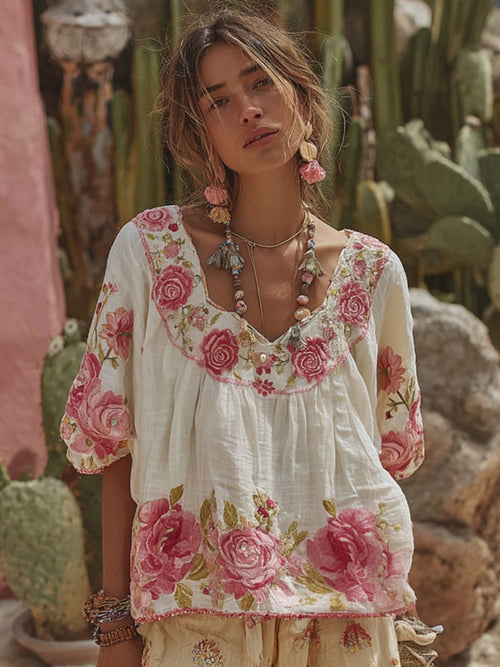 Women's Vintage Floral Art Embroidery Linen T-shirt