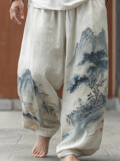 Men's Retro Japanese Landscape Print Casual Pants
