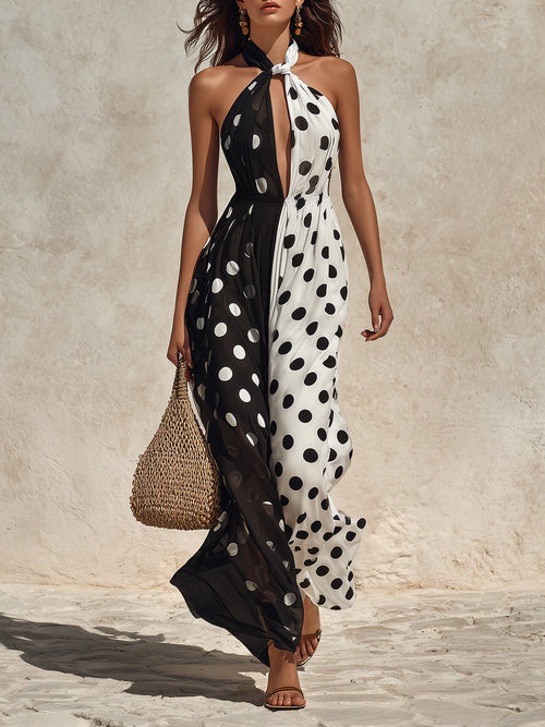 Vintage Polka Dot Chiffon Halter Neck Maxi Dress