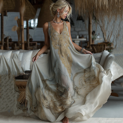 Vintage Marble Texture Collection Retro Bohemia Women Style Gradient Gilded Pattern Linen Maxi Dress