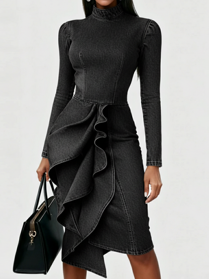 Elegant Multi-layered Ruffle Hem Denim Dress