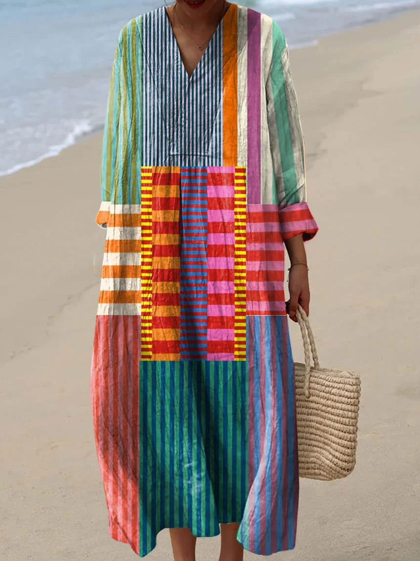 Women’s Colorful Patchwork Striped Cotton Linen 3/4 Sleeve Shirt