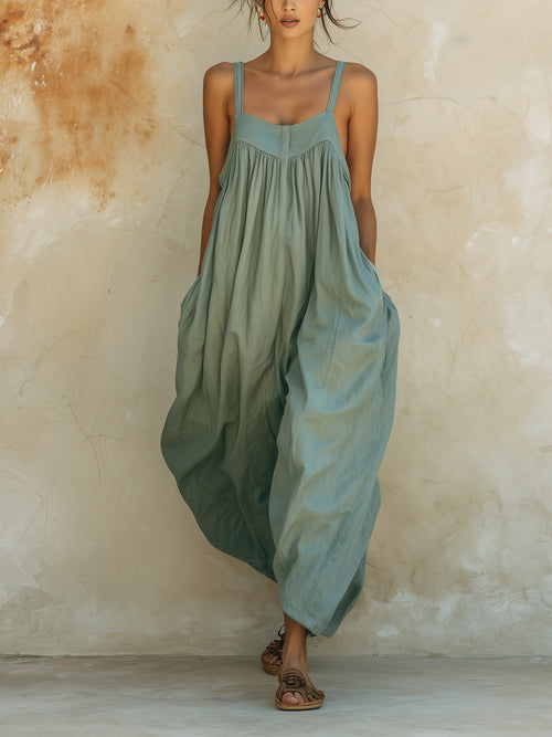 Sage Green Sleeveless Denim Jumpsuit - Loose Baggy Style With Pockets