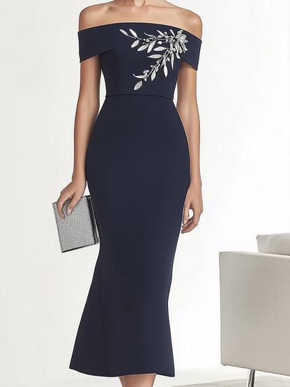 Navy Blue Off-the-Shoulder Print Dress