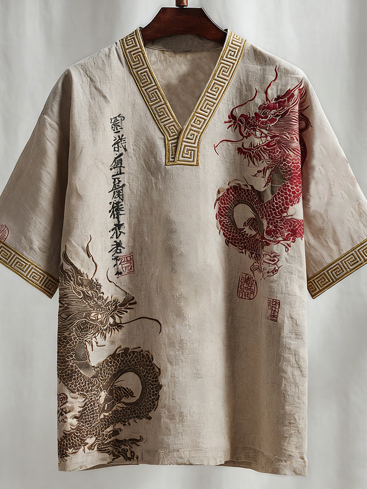Men's Calligraphy With Dragon Art Print Short Sleeve Shirt