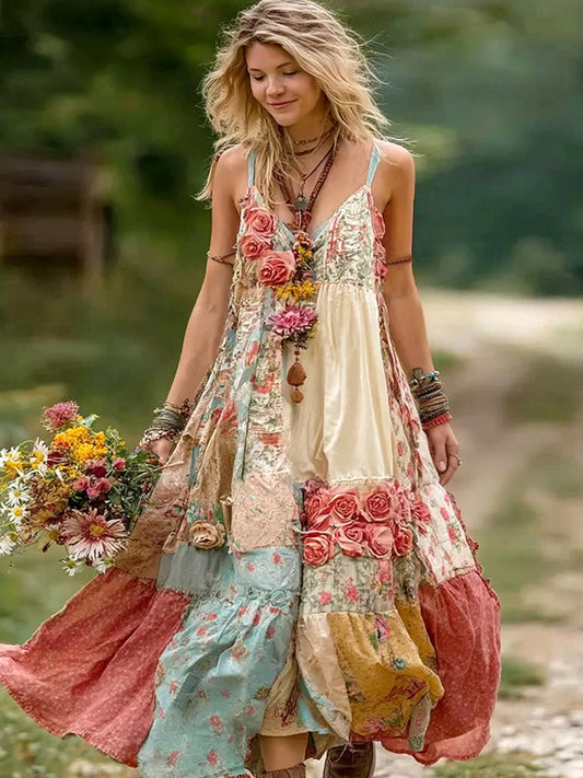 Women's Vintage Boho Floral Art Patchwork Comfy Midi Dress