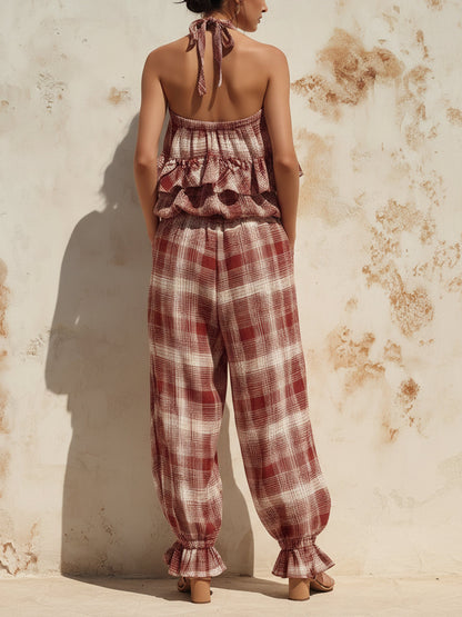 Red Plaid Ruffle-Hem Halter Jumpsuit - Effortless Summer Style