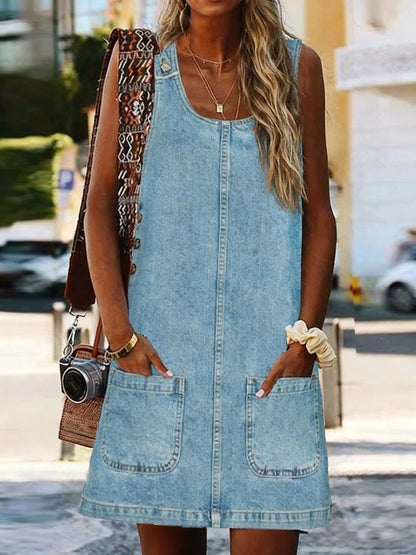 Women's Retro Sleeveless Pocket Casual Denim Dress
