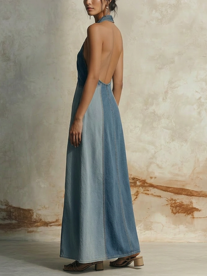 Blue Denim Halter Neck Cutout Color Block Maxi Dress