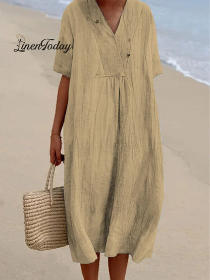 Women's Solid Color Cotton And Linen Short Sleeve Dress