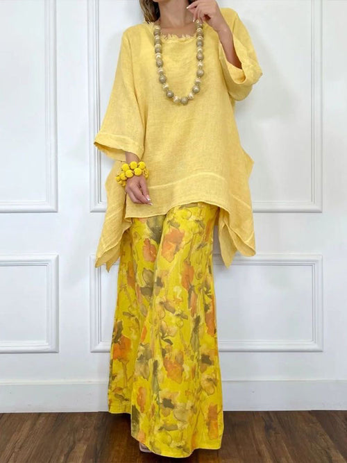 Loose-fit Casual Linen & Cotton Top And Floral-print Pants Two-piece Set