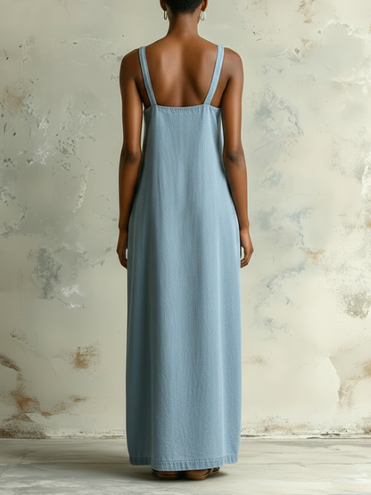 Light Blue Denim Contrast Trim Cami Maxi Dress