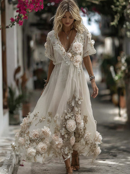 Women's Vintage Floral Embroidery Art Comfy Linen Maxi Dress