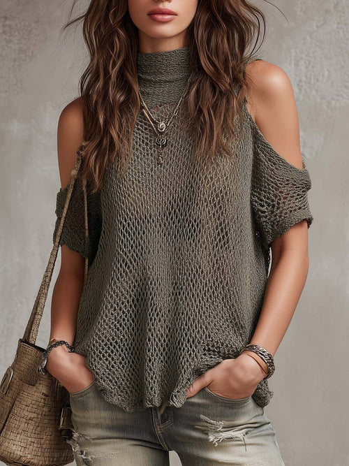 Women's Casual Off-Shoulder Hollow Out High Neck Knit Sweater