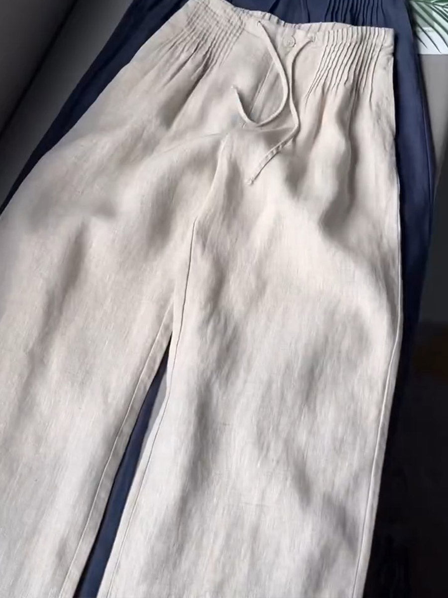 Women's Solid Color Pleated Drawstring Casual Cotton and Linen Wide Leg Pants